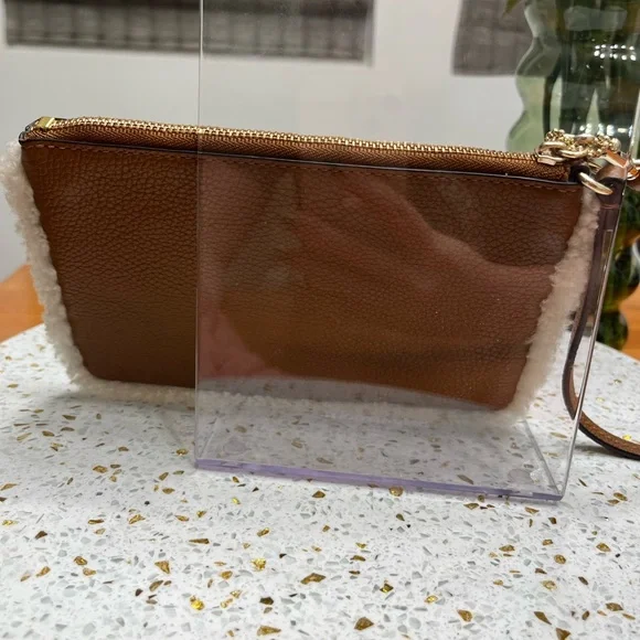 Coach Brown Leather and Sherpa Trim Large Wristlet - Picture 4 of 9